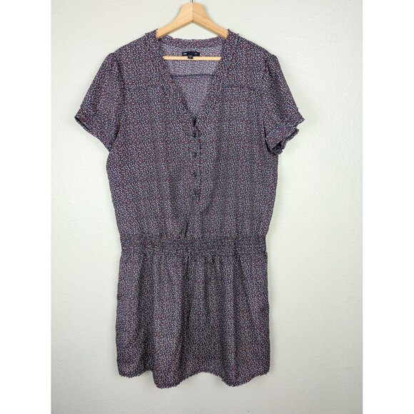 Gap Dress Womens XL Blue Red Short Sleeve Smocked Waist Button Up Mini Polka Dot - Picture 1 of 7
